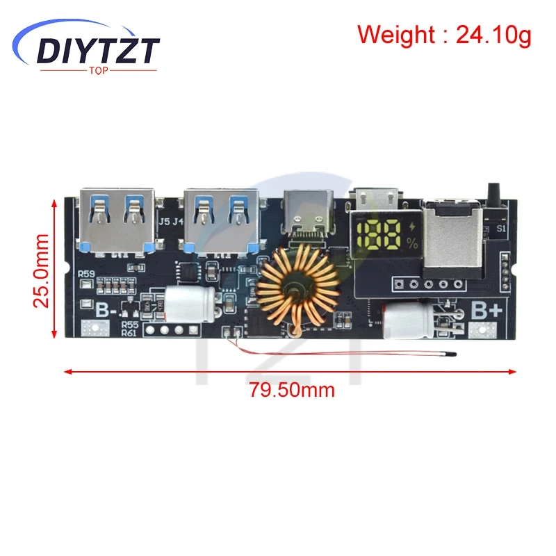 Power Bank DIYTZT QC4.0 QC3.0 LED Dual USB PD Fast Charge 5A 100W Micro/Type-C USB Mobile 18650 Charging Module