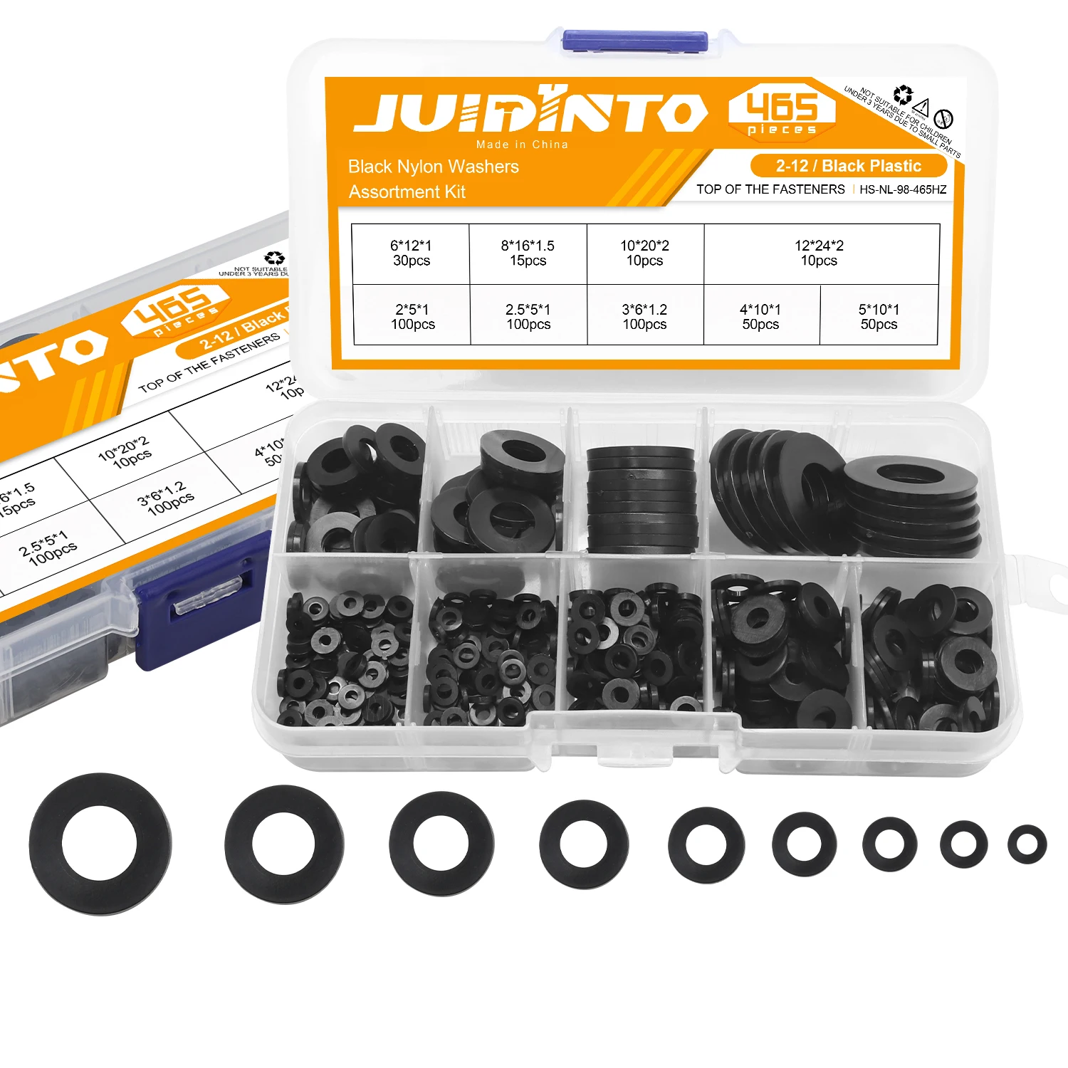 Juidinto Arruelas Planas Variedade Kit para Parafusos Nylon Plástico Preto Branco m2 M2.5 m3 m4 m5 m6 m8 M10 M12 465 Unidades