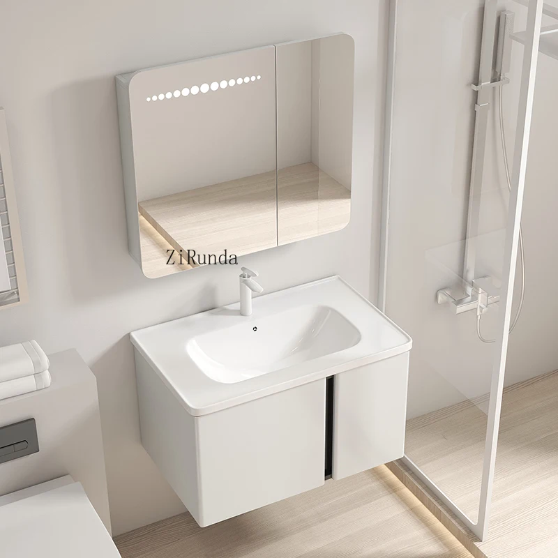 Milk white bathroom cabinet combination stainless steel arc induction lighting ceramic basin