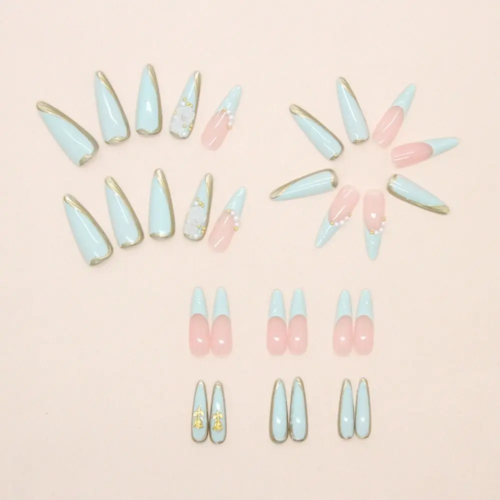 24pcs Manicure Long Almond Stiletto False Nails Green Wavy Cool Rose Press on Nails Detachable French French Nail Tips DIY