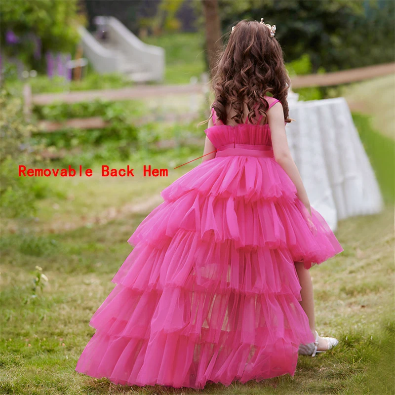 Little Girls V-Neck Special Occasion Dress Girls Fancy Birthday Party  Dresses Detachable Trailing Gown