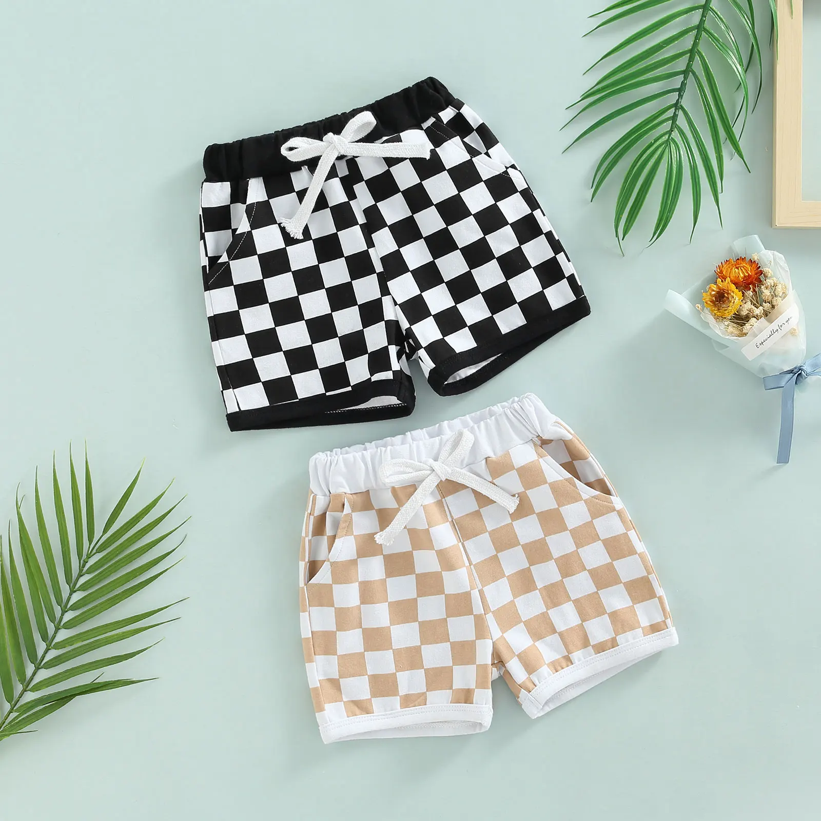 Summer Toddler Baby Boys Shorts Checkerboard Print Elastic Waist Drawstring Short Pants Clothing 0-3T