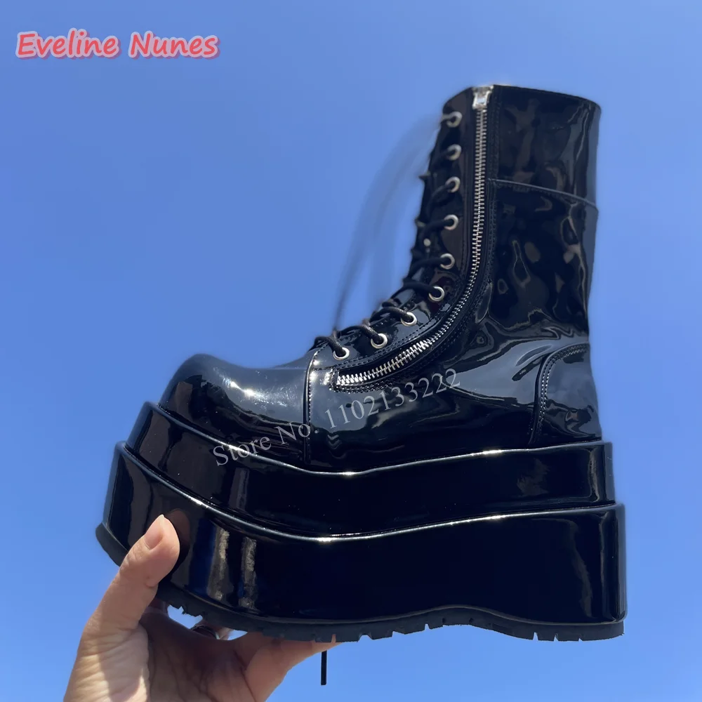 

2024 Black Platform Mid-calf Boots Women's Cross Strap Zipper Round Toe Patent Leather 9.5cm Heel Fashion Party Plus Size Shoes