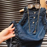Vêtements décontractés à la mode pour filles de 2 à 7 ans, Version coréenne, robe en Denim plissée à simple boutonnage, sans manches, pour l'été 3