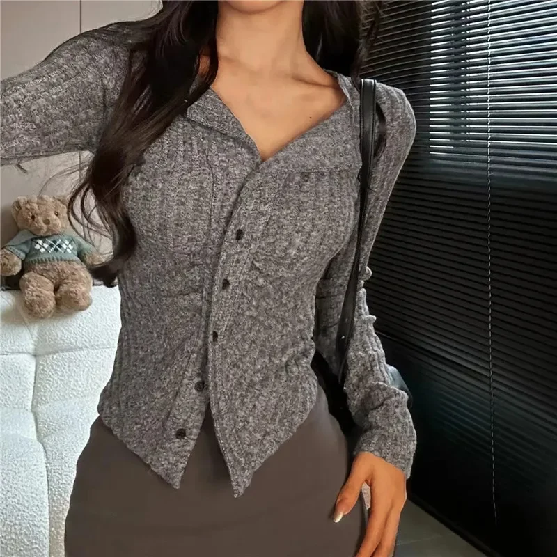 

New Fashion Knitted Cardigan Women Collar Sweater Coat Vintage Long Sleeve Single Breasted Top Autumn Y2k Girls Knitwear Jumper