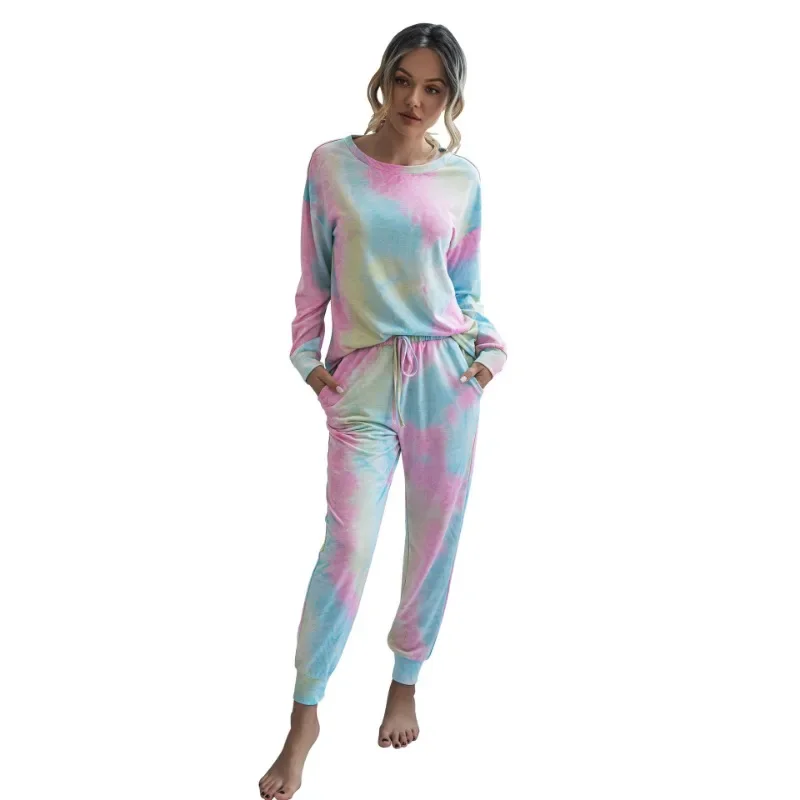 Womens Tie Dye Printed Long Sleeve Tops and Pants Long Pajamas Set Joggers PJ Sets Nightwear Loungewear