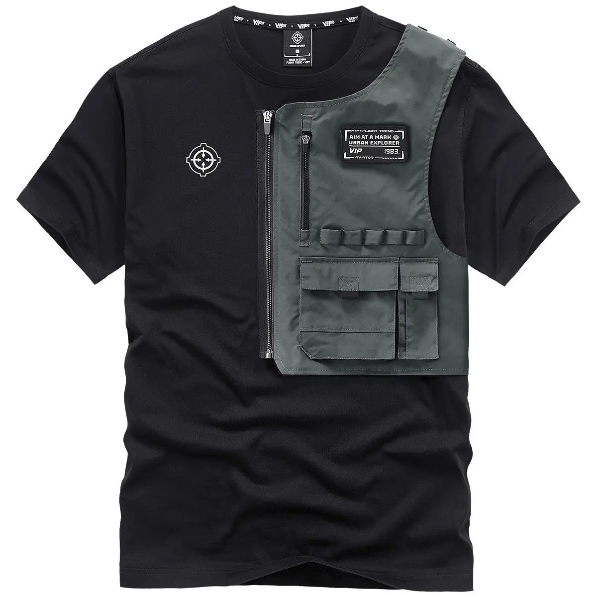 Trendyol Men Black Techwear 100% Cotton Patch Stich Short Sleeve T-Shirts Summer Mens Oversized Locomotive Style Tooling T Shirt