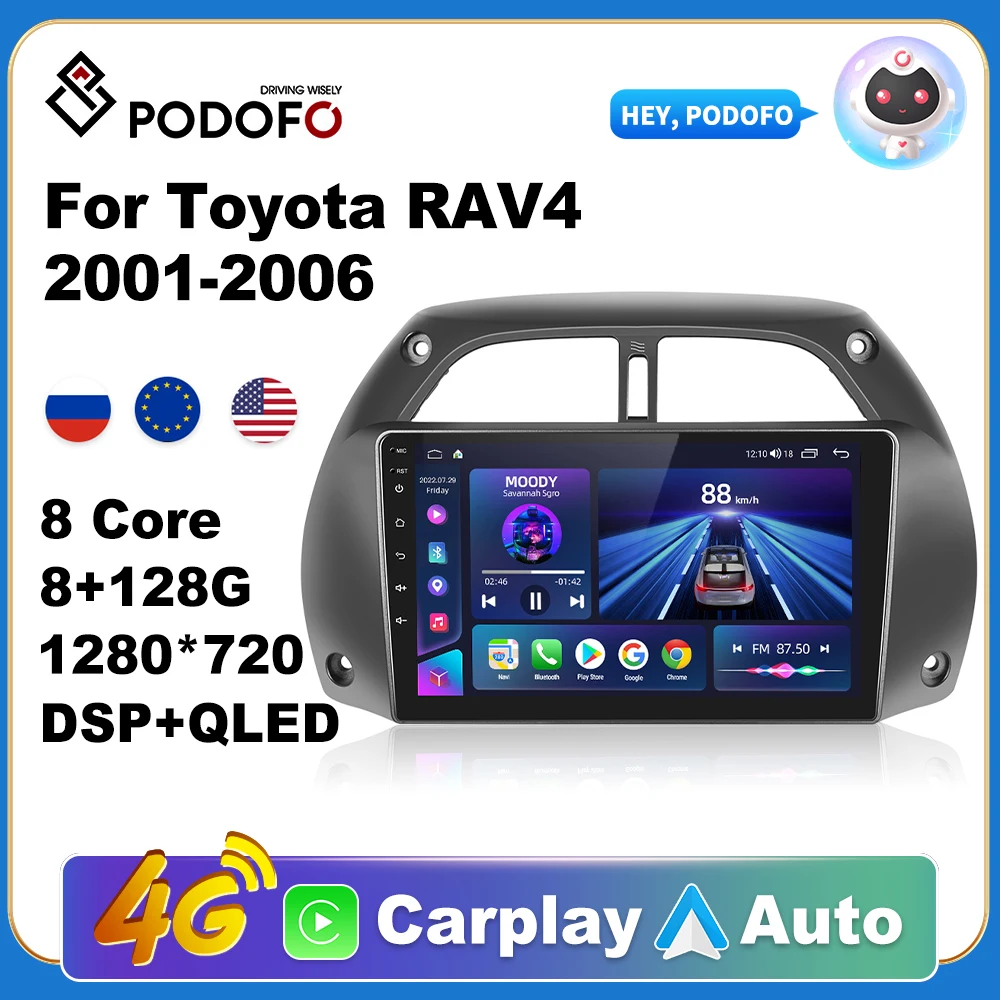 

Podofo 2 din Автомобильный Android CarPlay Радио мультимедийный плеер для Toyota RAV4 2001-2006 Авторадио AI Voice 2Din GPS Navi 4G WiFi