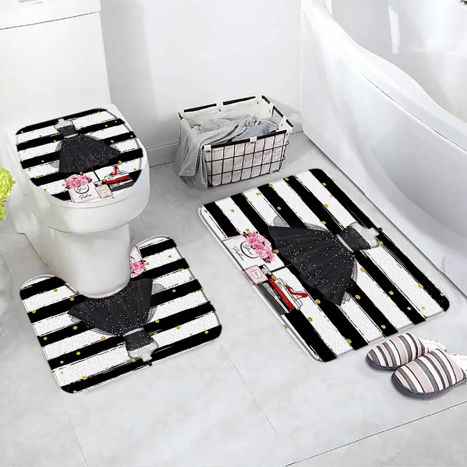 

Fashion Perfume Bath Mat Set Black White Stripe Pink Flowers Heeled Women Girls Home Bathroom Decorative Floor Rugs Toilet Cover