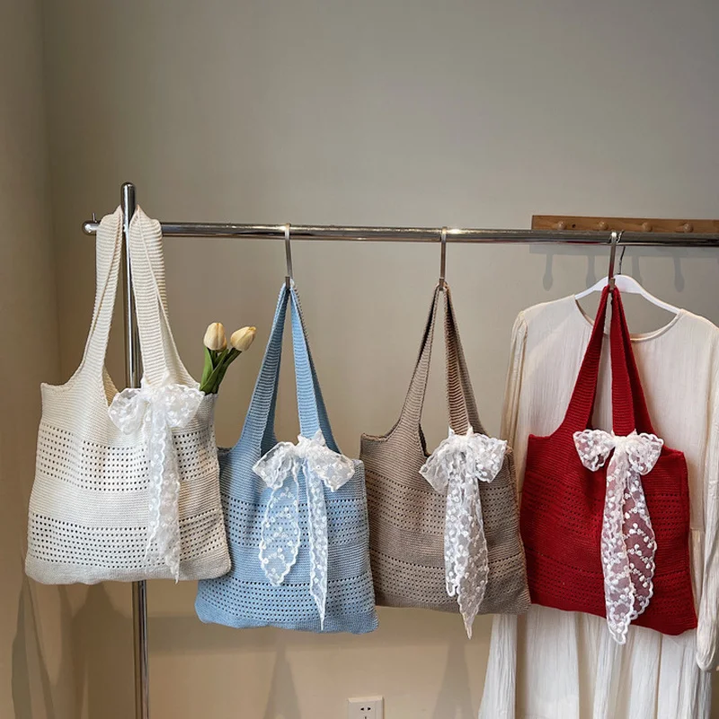 With Lace Ribbon Solid Color Woven Bag Hollow Out Tote Beach Bag Large Capacity Bohemian Style Women Hollow Shoulder Bag