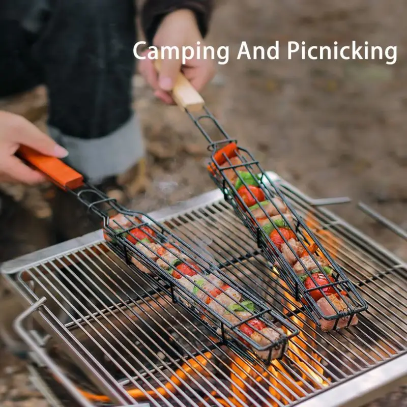 

Outdoor Portable Kabob Grilling Basket Wooden Handle Stainless Steel Non-Stick Vegetables Shrimps Meat Hot Dog Barbecue Tools
