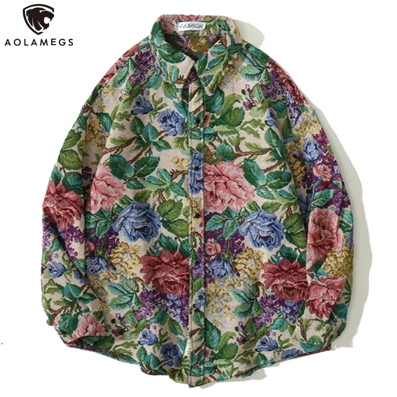 

Aolamegs Shirt Men Vintage Watercolor Floral Print Oversized Shirts Coat Autumn Retro Harajuku Hip Hop Fashion Casual Streetwear