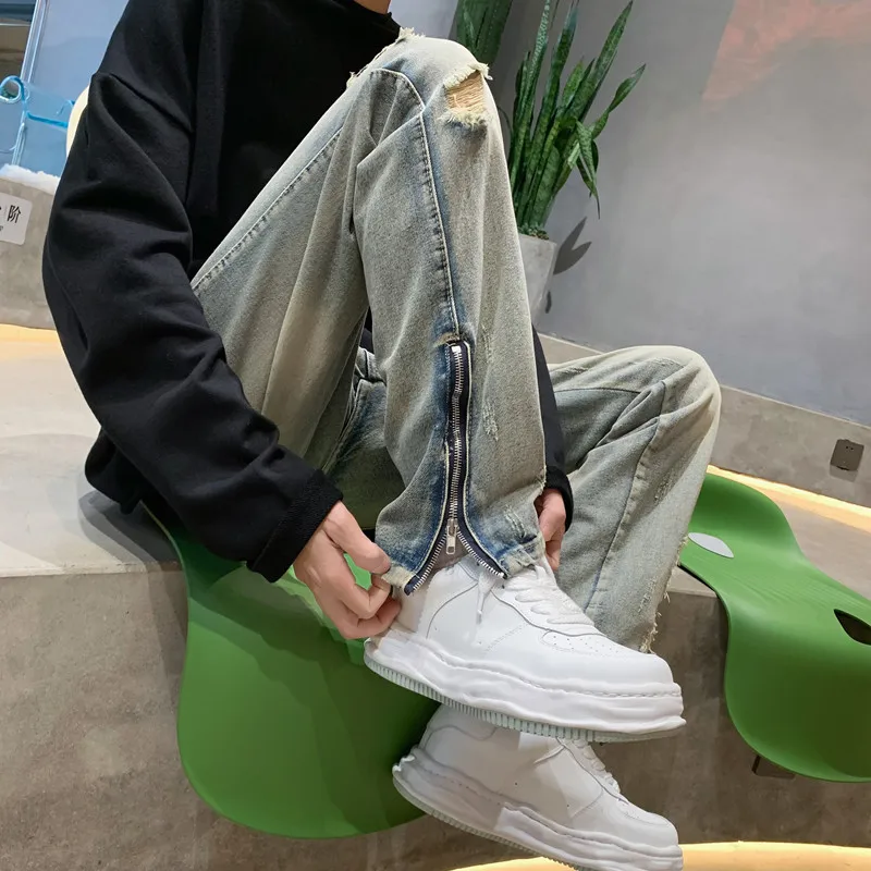 

Men Hole Jeans Zipper Ripped Straight Leg High Street Blue Washed Bleached Denim Casual Trousers Youth Fashion Long Pants