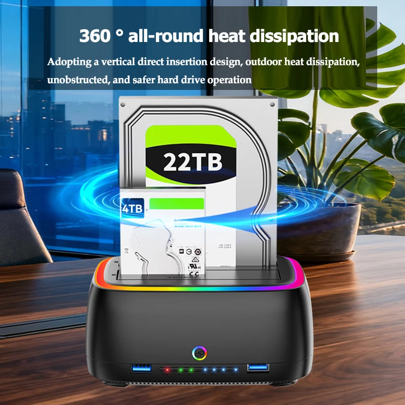 RGB 듀얼베이 HDD 도킹 스테이션 SATA to USB 3.0 어댑터 2.5/3.5인치 HDD 케이스 원클릭 오프라인 복제 하드 드라이브 인클로저