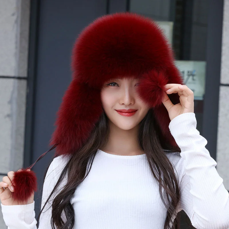 2023 Cap100% Real Fox Fur Women\'s Hats Russian Ushanka Aviator Trapper Snow Ski Hat Earflap Caps Winter Raccoon Fur Bomaber Hat
