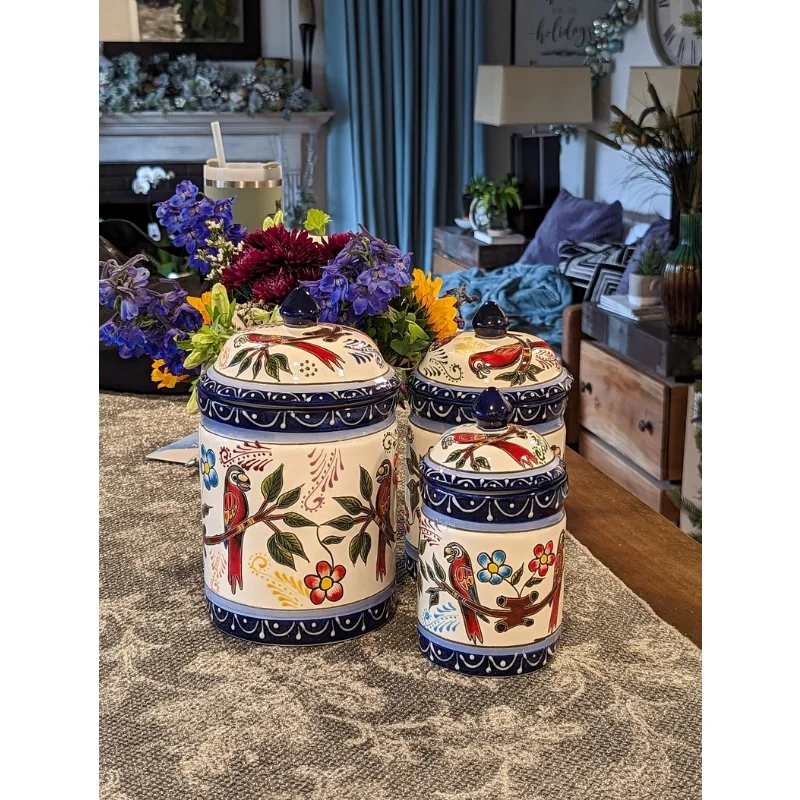 Talavera Flour Sugar Coffee Tea Blue and White Ceramic Kitchen Canister Set  of 4