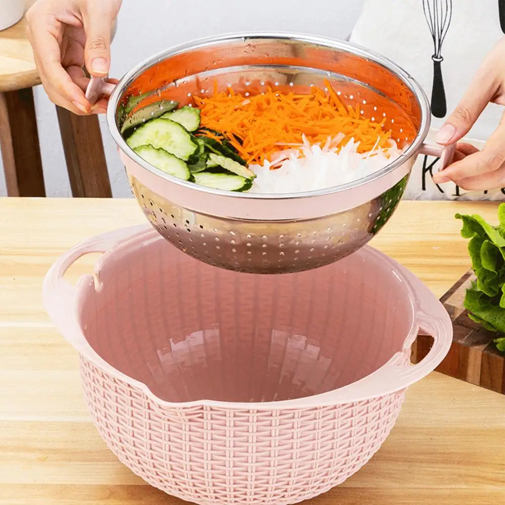 Food Colander With Mixing Bowl Stainless Steel Strainer Fruit Cleaner With 3 Cutting Blades Food Slicer Grater Kitchen Gadgets 2