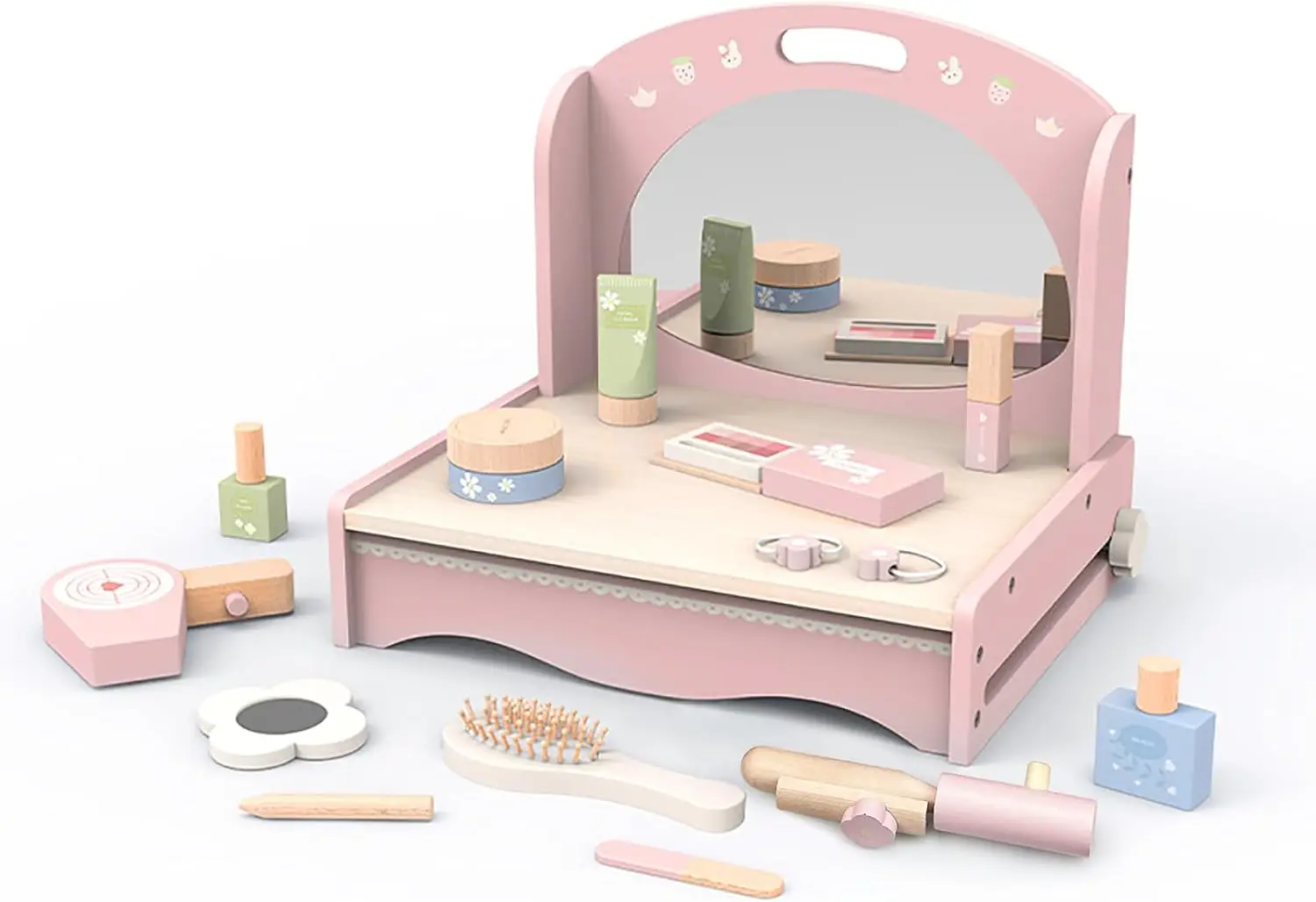 Wooden Vanity Table Toy for Little Girls, Kids Beauty Salon Play Set with Accessories 15 pcs, Pretend Play Toddler Makeup Kit Ta