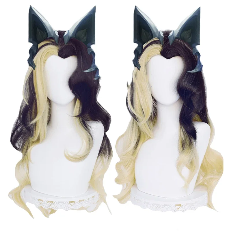 LOL Coven Ahri Cosplay Wig Black Blond Gradient Mixed 80cm Long Curly Wavy Heat Resistant Hair Side Part Halloween Party Wig