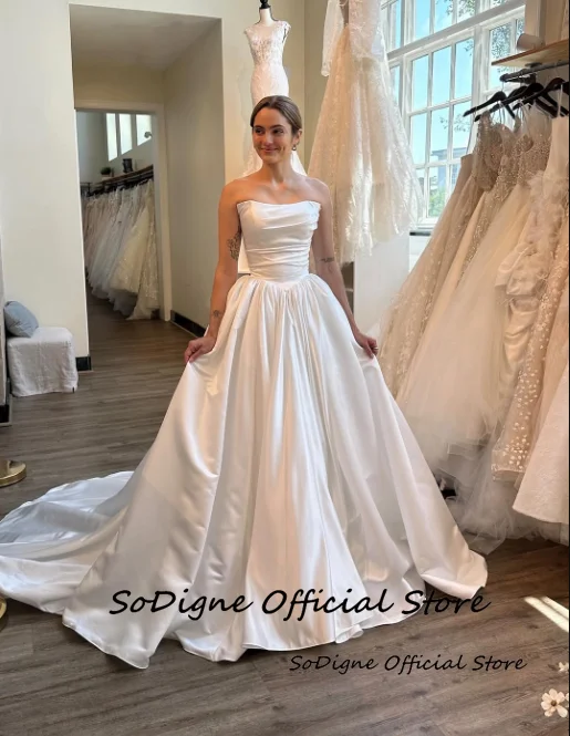 SoDigne A-line Satin Simple Wedding Dresses Strapless Sleeveless Bridal Dress Long Wedding Gown Robe De Mairee Customized 10 S7b89d4f47ed743c7a8b73fbea1ad372f2