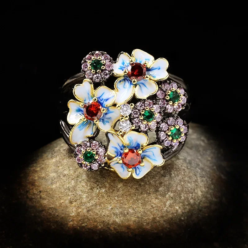 Ladies 925 Silver Black Gold Ring Color Flower Ring Zircon Jewelry Handmade Enamel Exaggerated Flower silver rings silver ring gold plated silver ring rose flower ring