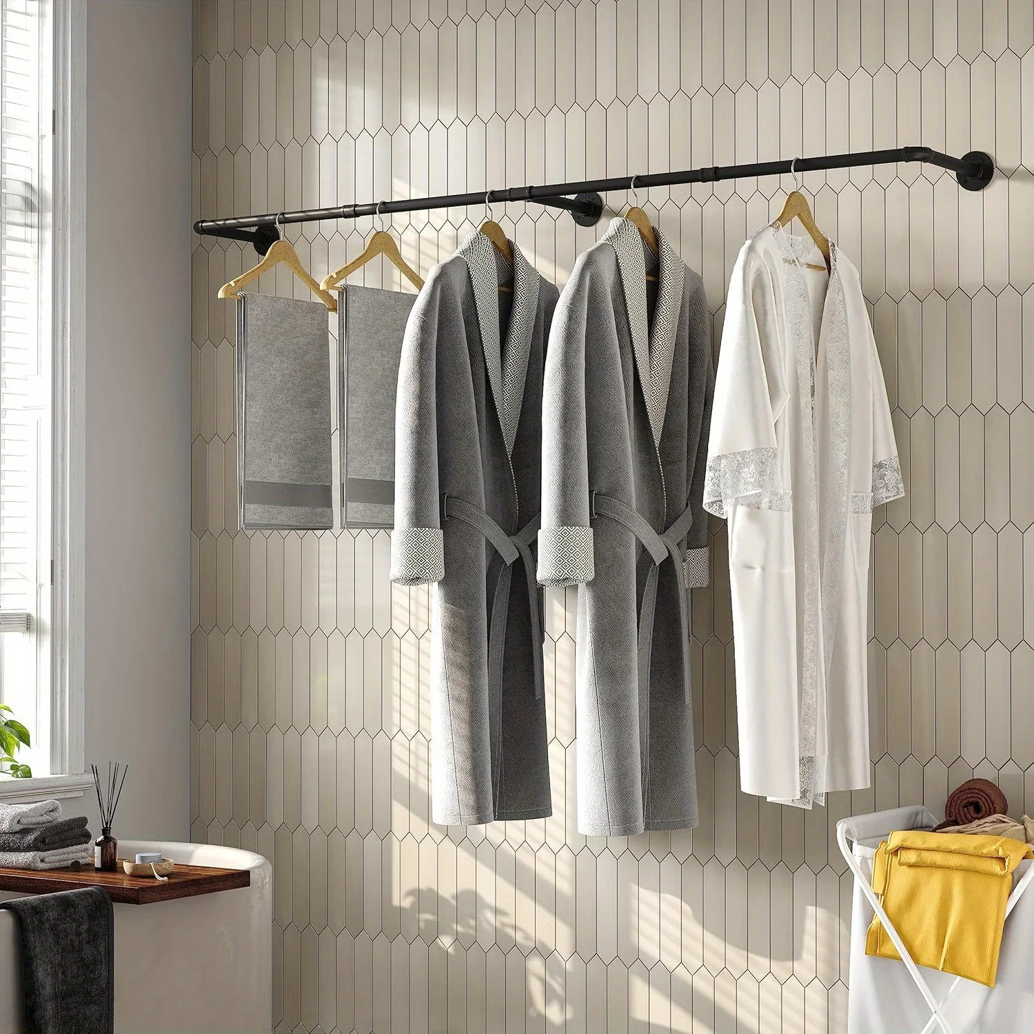 Industrial Pipe Clothes Rack with 3 Hooks, Wall Mounted Garment Rack, Heavy Duty Iron Garment Bar, Clothes Hanging Rod Bar for L