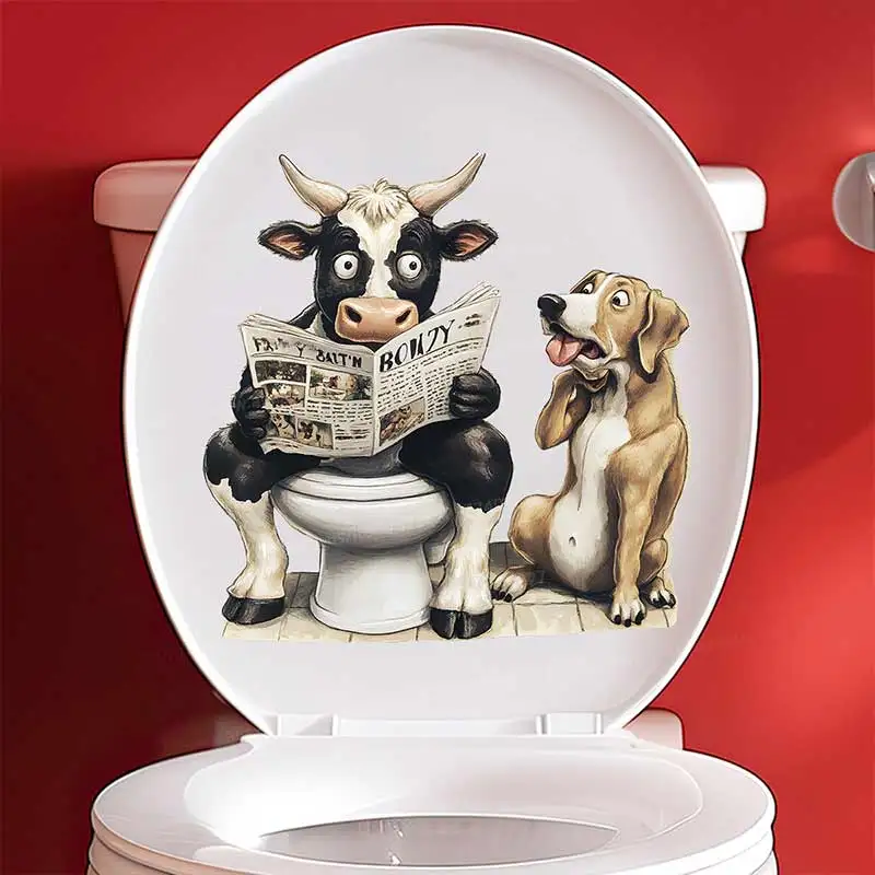 Creative Puppy Cow Reading Newspaper Toilet Sticker Bathroom Toilet Cover Sticker Animal Home BathRoom Decoration Decals S531