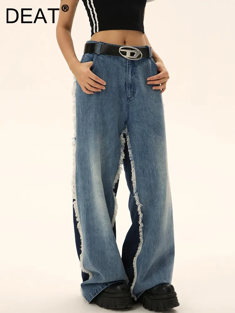 

DEAT Fashion Women's Denim Pants Mid Waist Contract Color Tassel Loose Floor-length Wide Leg Pants Spring 2024 New Tide 7AB1864