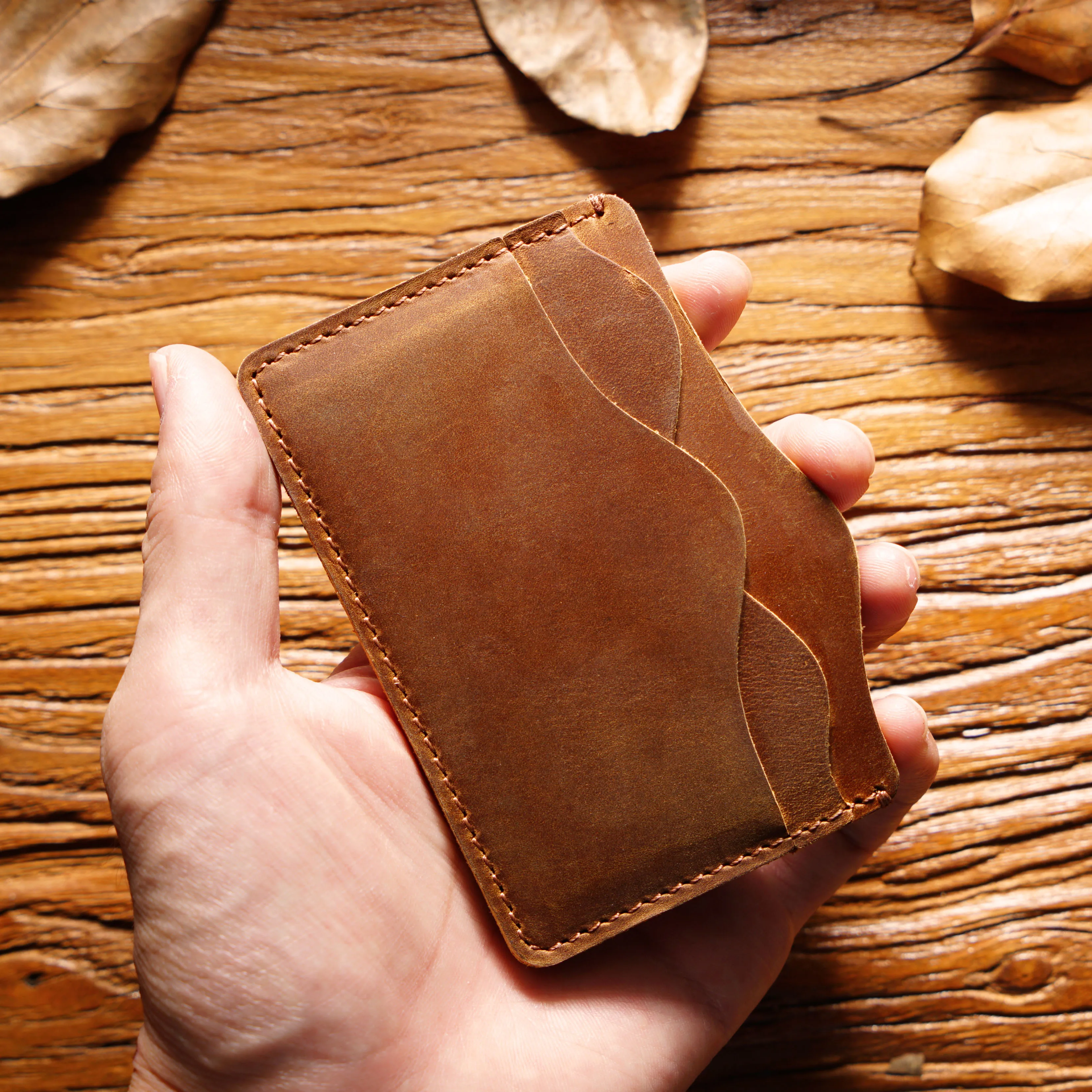 Artisan-Crafted Vintage Card Case: Top-Grain Leather Mountain Stream Design w/ Multi-Compartment Stitching