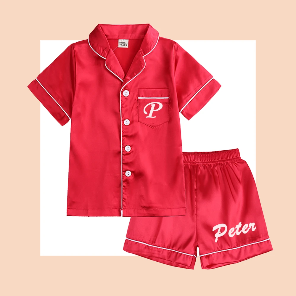 2025 Red Custom Silk Pyjamas Solid Kids Pajamas Sets 2Pcs