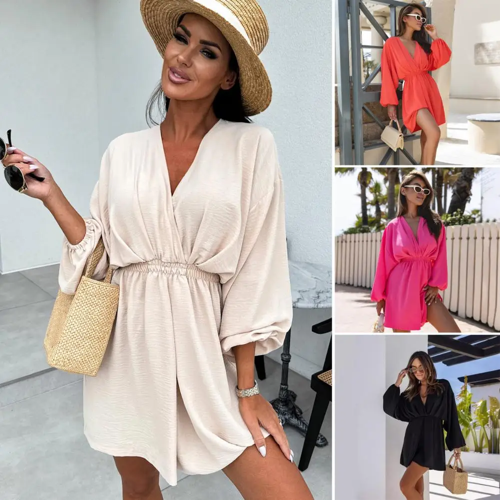 

Women Dress Women V-neck Dress Elegant V Neck Lantern Sleeve A-line Dress for Women Slim Waist Pleated Solid Color Beach