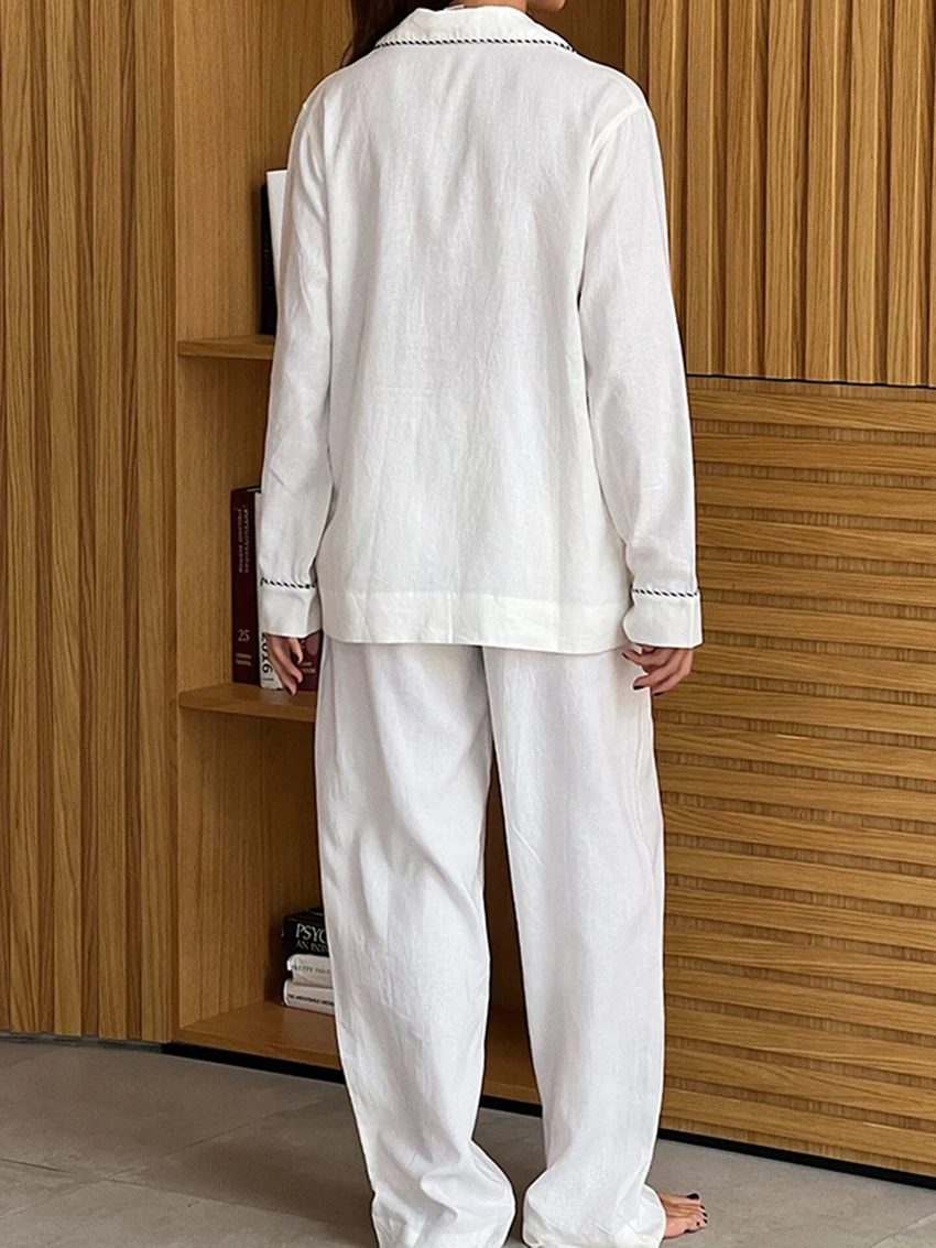 Marthaqiqi Cotton Female Sleepwear 2 Piece Suit Turn-Down Collar Pajamas Long Sleeve Nightgowns Wide Leg Pants Women Nightie Set