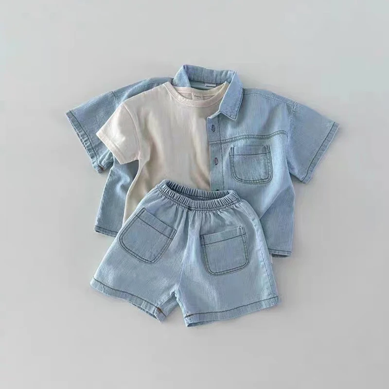 

Summer Toddler Baby Boys Clothes Suit Denim Short Sleeve Shirt+Shorts 2Pcs Korean Infant Girls Clothing Sets 0-3Year Kids Outfit