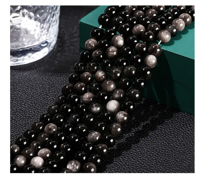 7A Quality Natural Stone Silver Irisation Obsidian Bead Round Loose Spacer For Jewelry Making Diy Necklace Bracelet Accessory