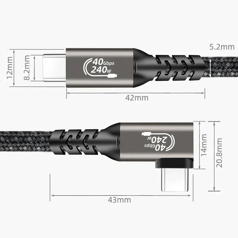 USB4.0 Thunderbolt 3/4 Elbow 90 Dgree USB C to Type C Cable 40Gbp PD 240W Fast Charging Laptop Macbook Pro