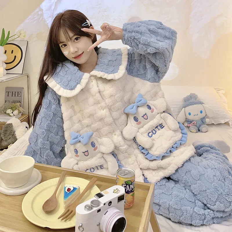 

Sanrio Kuromi Коралловая бархатная Пижама женский осенне-зимний кардиган с длинными рукавами фланелевый Пижамный костюм из двух частей