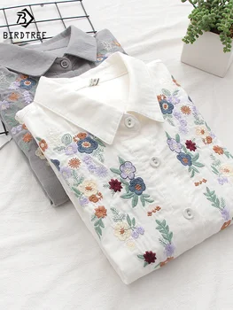 Spring Double 100% Cotton Yarn Shirts Women Turn-down Collar Loose Tops Girl Long Sleeve Embroidery Blouses 2024 Autumn T42909QM