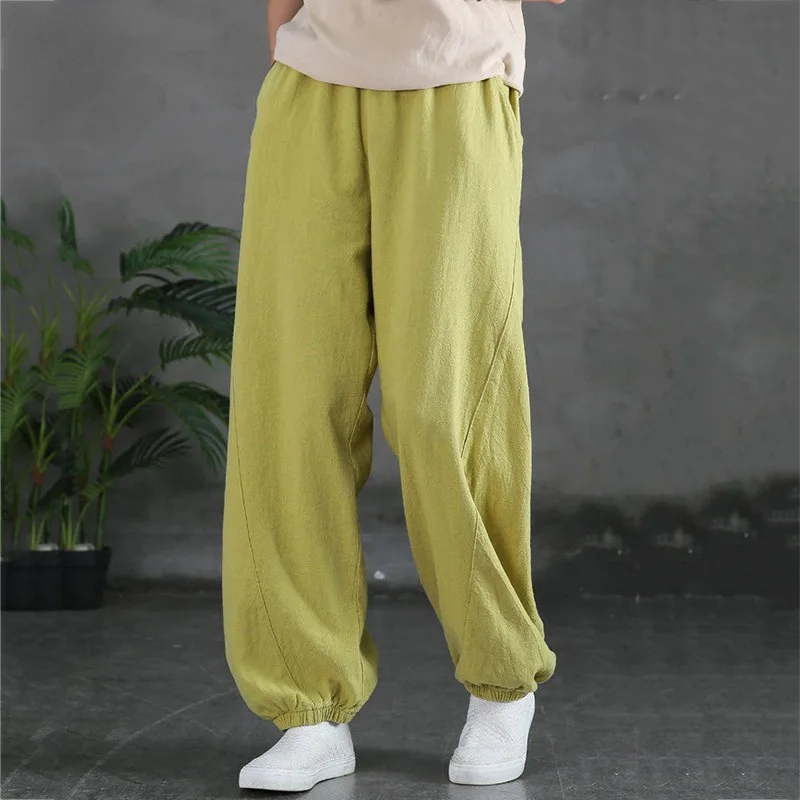 Ladies Elastic High Waist Baggy Pantalon Candy Color Ankle Length Capris Casual Cotton Linen Pants Summer Women Harem Sweatpant casual harem trouser korean oversized slim ankle length pantalon de high waist pencil pants streetwear women cotton pantalones