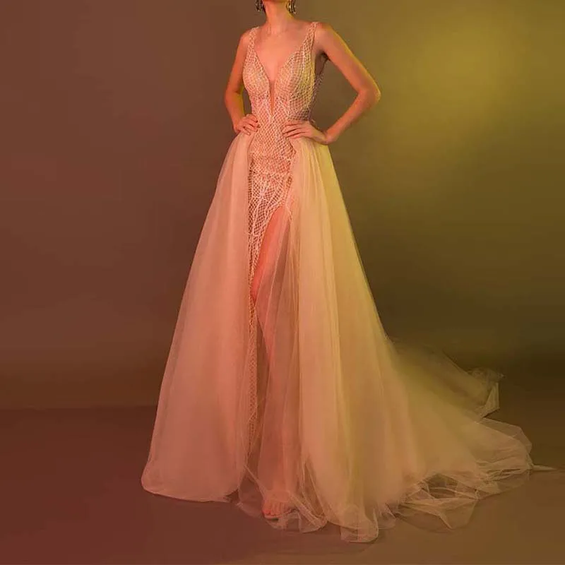 2022 Deep V-Neck Tulle Evening Party Gowns  Vestidos De Festa Sexy Straps A-Line Side Split Cinderella Prom Dress Plus Size formal evening gowns