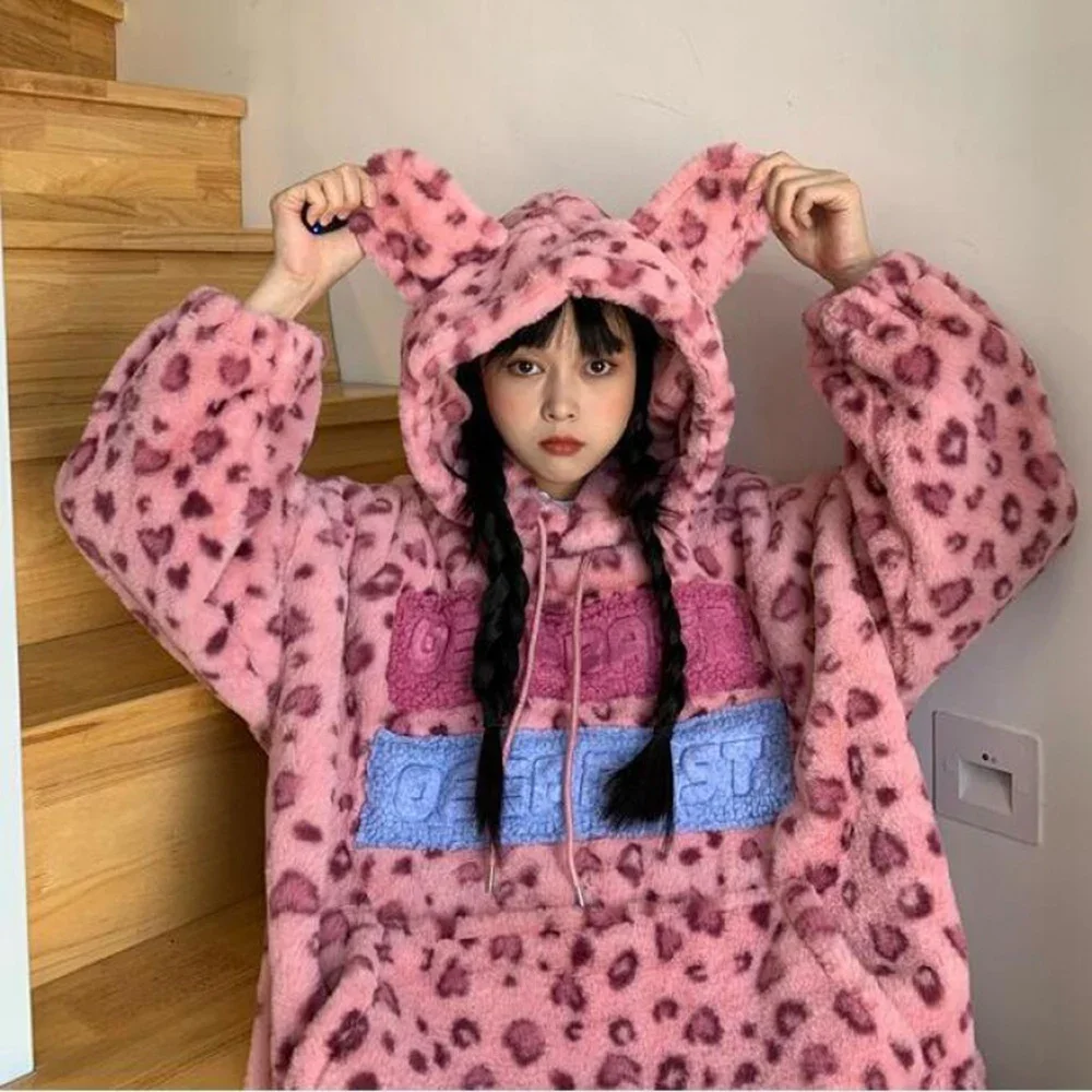 Women Autumn Winter Pink Lovely Lamb Plush Leopard Animal Ear Pullover Female Loose Korean Oversized Sweatshirt Hoodie 2023 New