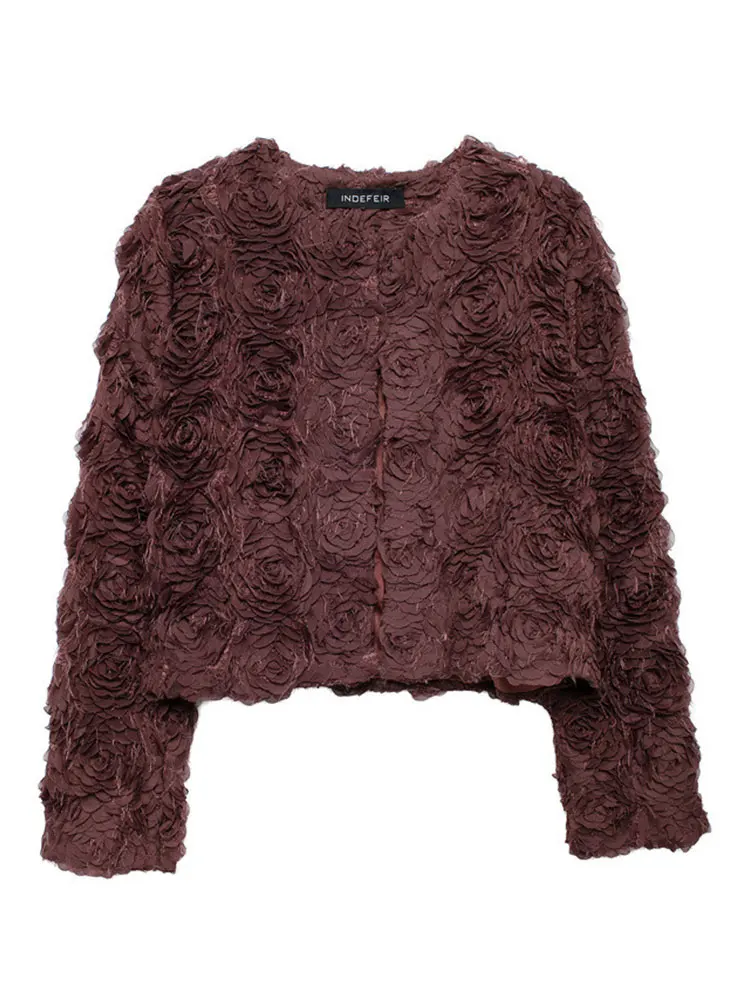 HH Women Elegant 3D Flower Texture Decoration Short Coat O Neck Long Sleeve Jackets Spring Fashion High Street Outerwear