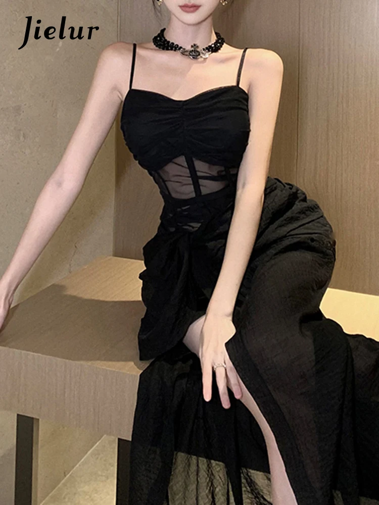 Jielur Sommer neue schwarze schlanke Taille Damen kleider geteilt ärmellose französische Stil sexy Mode weibliche Abendkleid Party Club