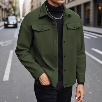 Autumn 2025 Men's Woolen Jacket Pure Color Button Front Pocket Lapel Coat Lightweight Business Style Polyester Fiber