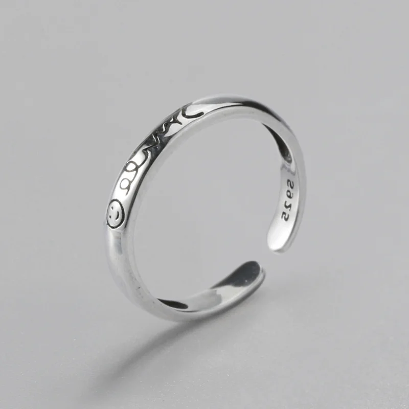 

Silver Jewelry South Korean Fashion Trend S925 Sterling Smile Ring Opening Antique Face