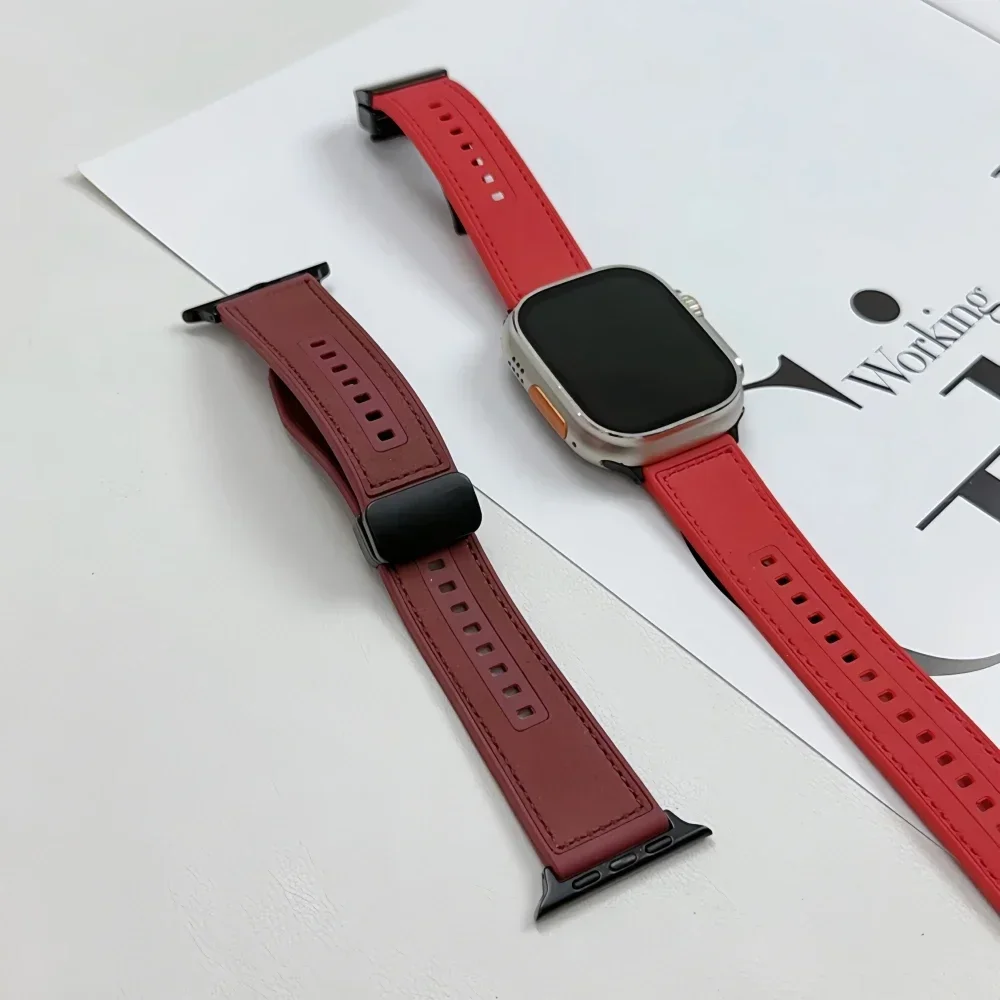 Silicon+Leather Band For Apple Watch Strap 41 42 44 45 49mm 46mm Retro Magnetic Buckle Bracelets iWatch Ultra Series 10 9 8 7 SE