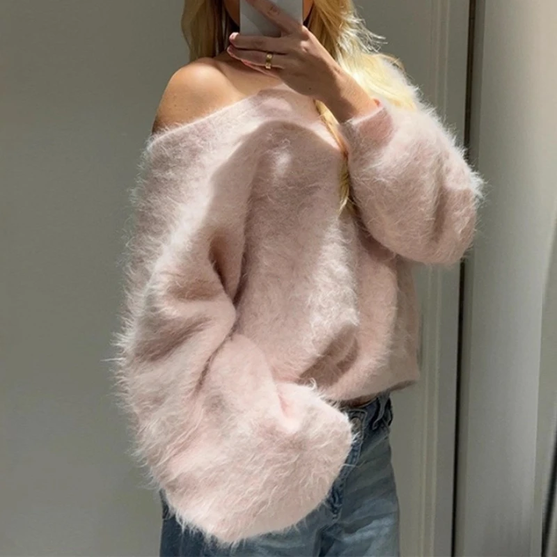 Women Solid Off Shoulder Pullover Fashion Classic Full Sleeve Loose Knitted Sweater Lady New Daily High Street Autumn Sweaters