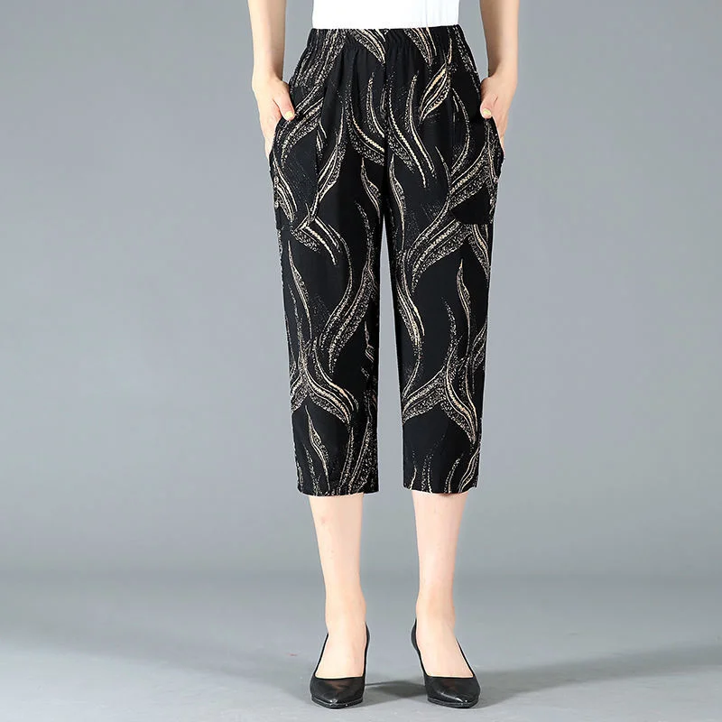 

Summer Capris For Middle-aged And Elderly Women Casual High Waisted Printed Pants Stretch Mom Straight Calf-Length Pants