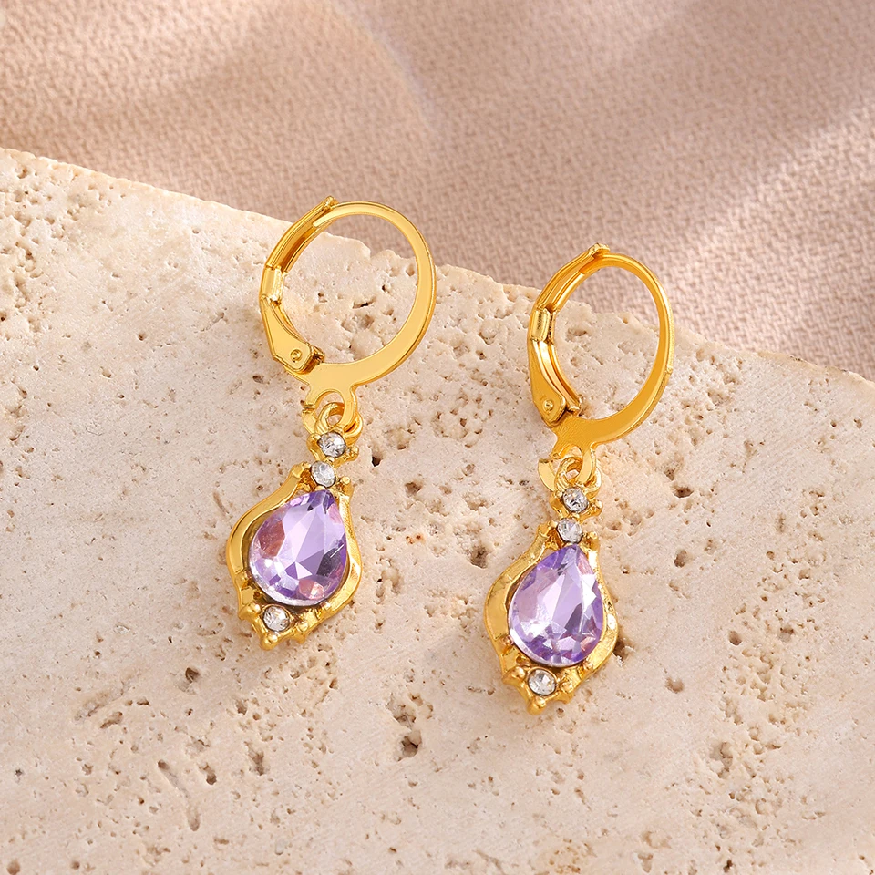 ZAKOL Vintage Shiny Purple Crystal Stone Drop Hoop Earrings For Women Water Dorp Boho Long Dangle Earrings Jewelry Gift - Detail Image 4