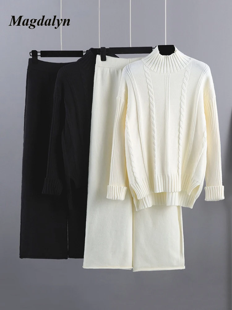 

Magdalyn Women Rabbit Hair Knitted Suits Fashion Casual Tracksuits Irregular Pullovers Long Wide Leg Pants Two Piece Sweater Set