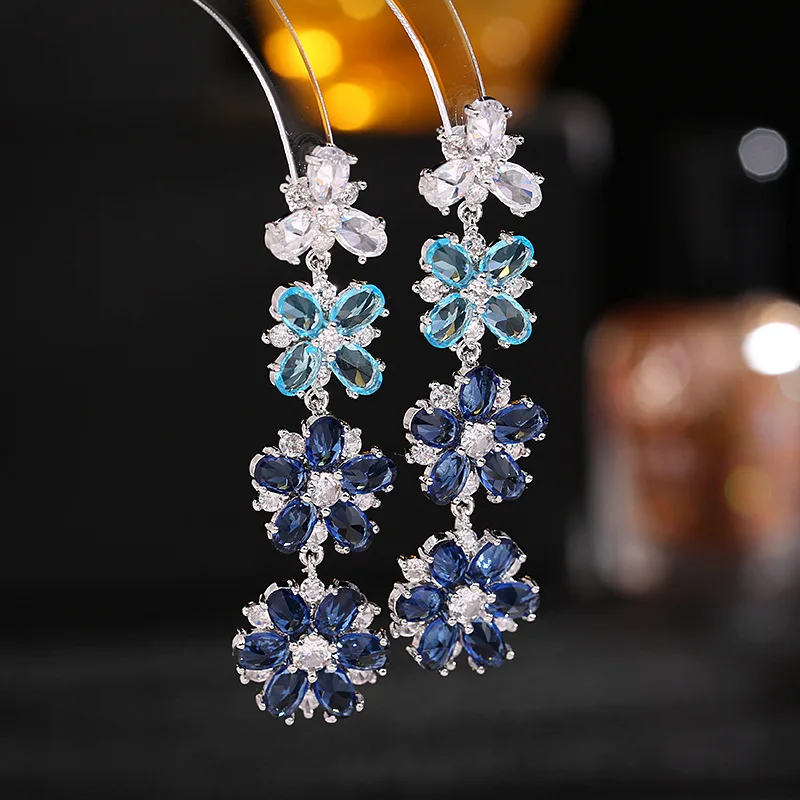 

Wedding Party Statement Flower Dangle Earrings for Women Shining Cubic Zirconia Temperament Pendant Earring Luxury Jewellery